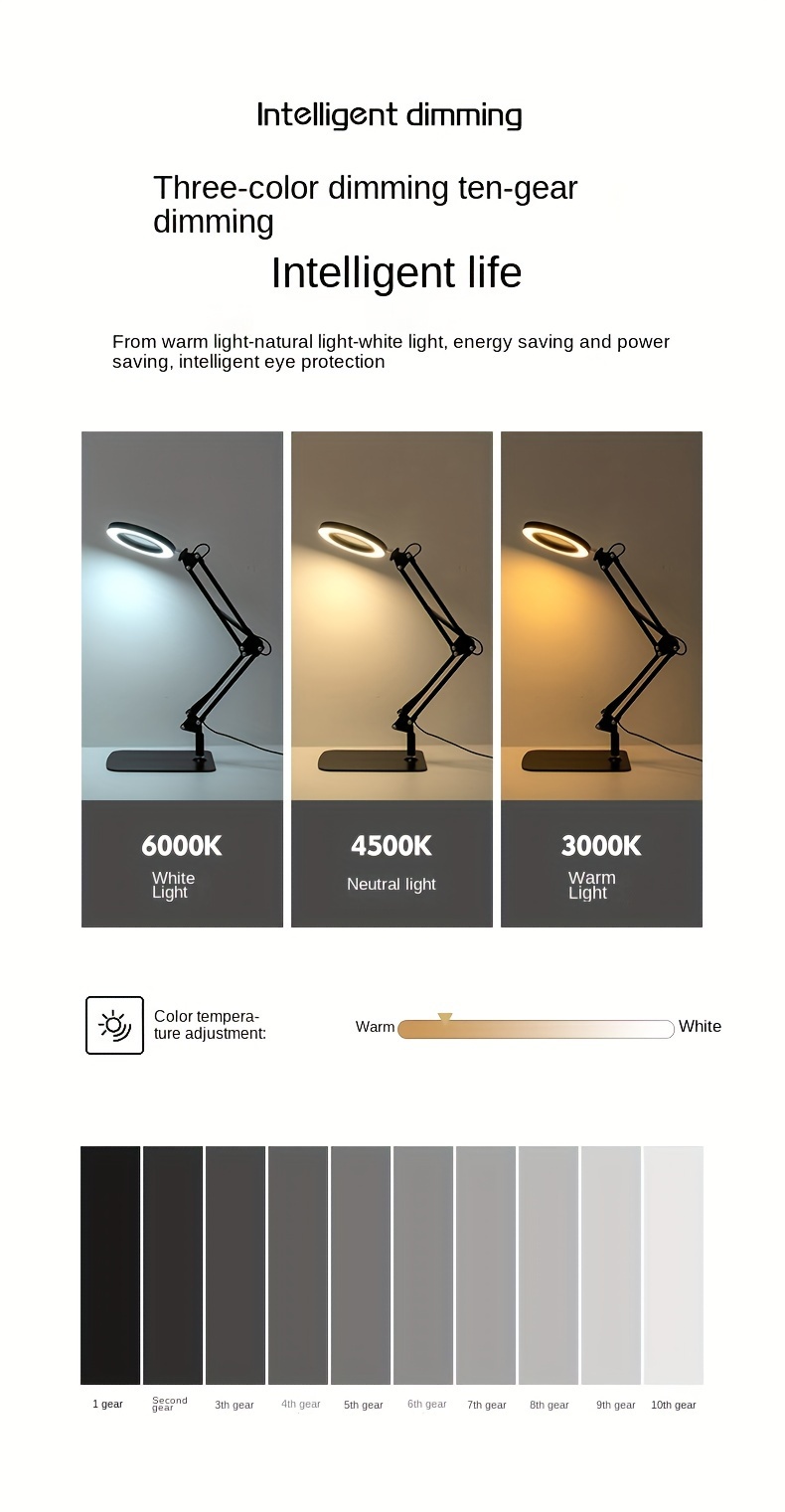 1pc 5x magnifying led desk lamp with clamp modern metal table light 3 color 10 levels usb powered for reading crafting workbench details 2