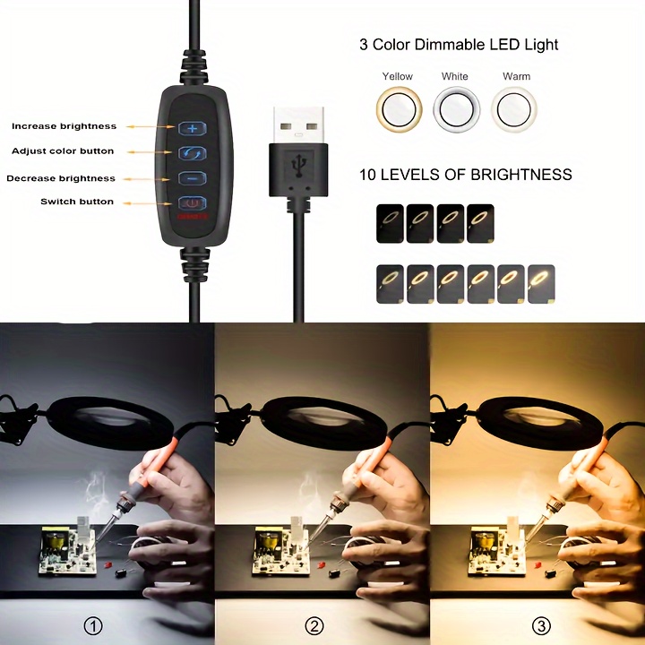 1pc 5x magnifying led desk lamp with clamp modern metal table light 3 color 10 levels usb powered for reading crafting workbench details 5