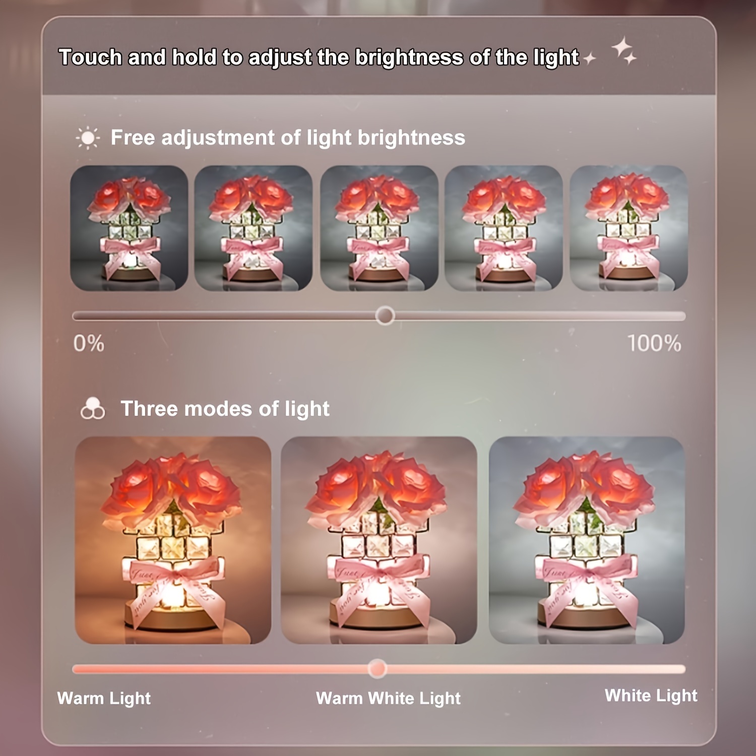 1pc rechargeable table lamp rose crystal table lamp rechargeablecordless 3 colors dimmable flower lamp romantic led for bedroom living room decor valentine birthday gift details 2