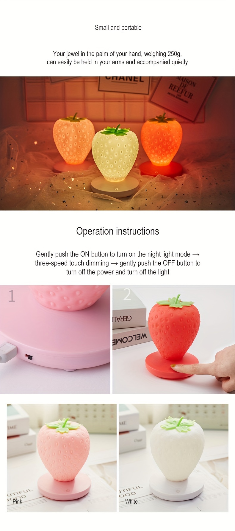 1pc usb rechargeable strawberry lamp bedroom bedside light led fruit night light gift for boys and girls eid al details 3
