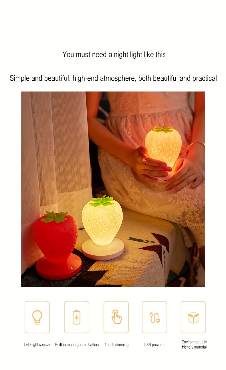 1pc usb rechargeable strawberry lamp bedroom bedside light led fruit night light gift for boys and girls eid al details 4