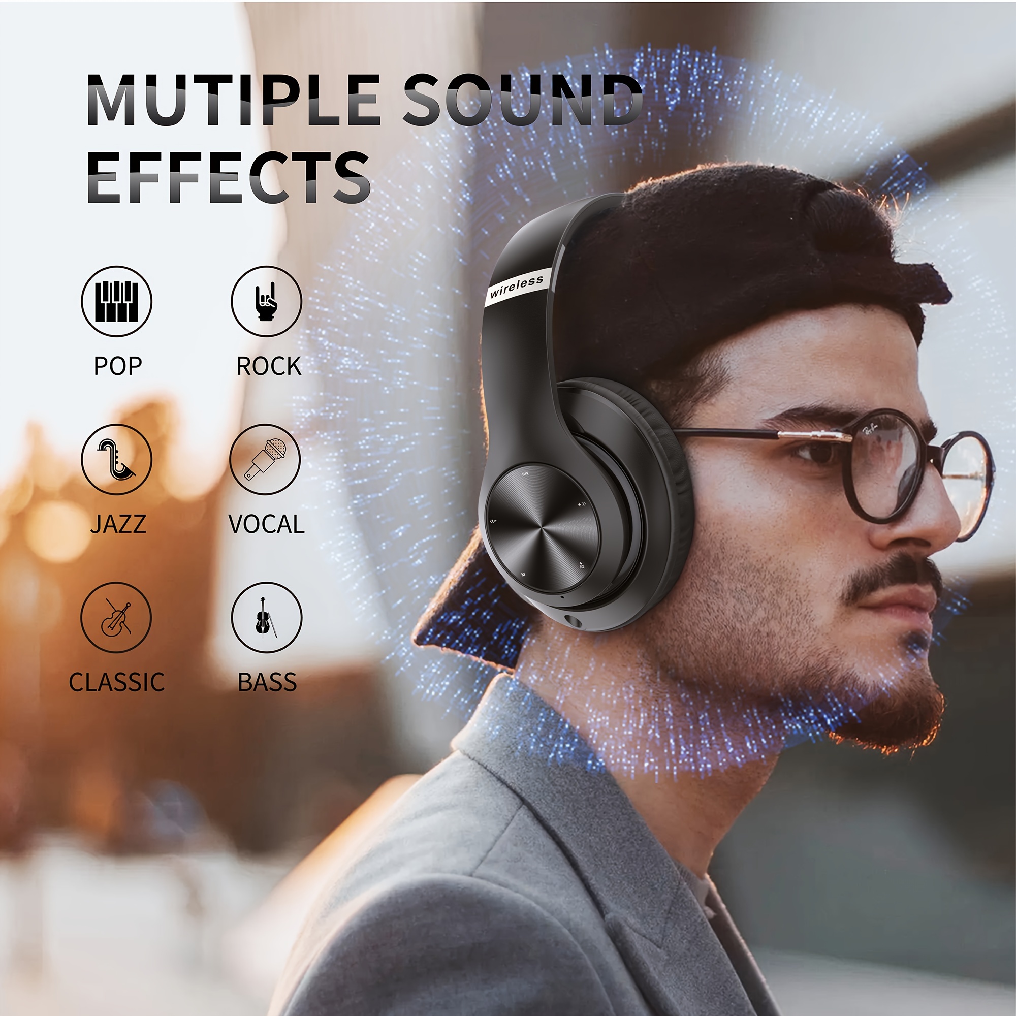wireless headphones 60 hours foldable design stereo with 6 eq adjustable and lightweight fm sd tf suitable for adults details 1