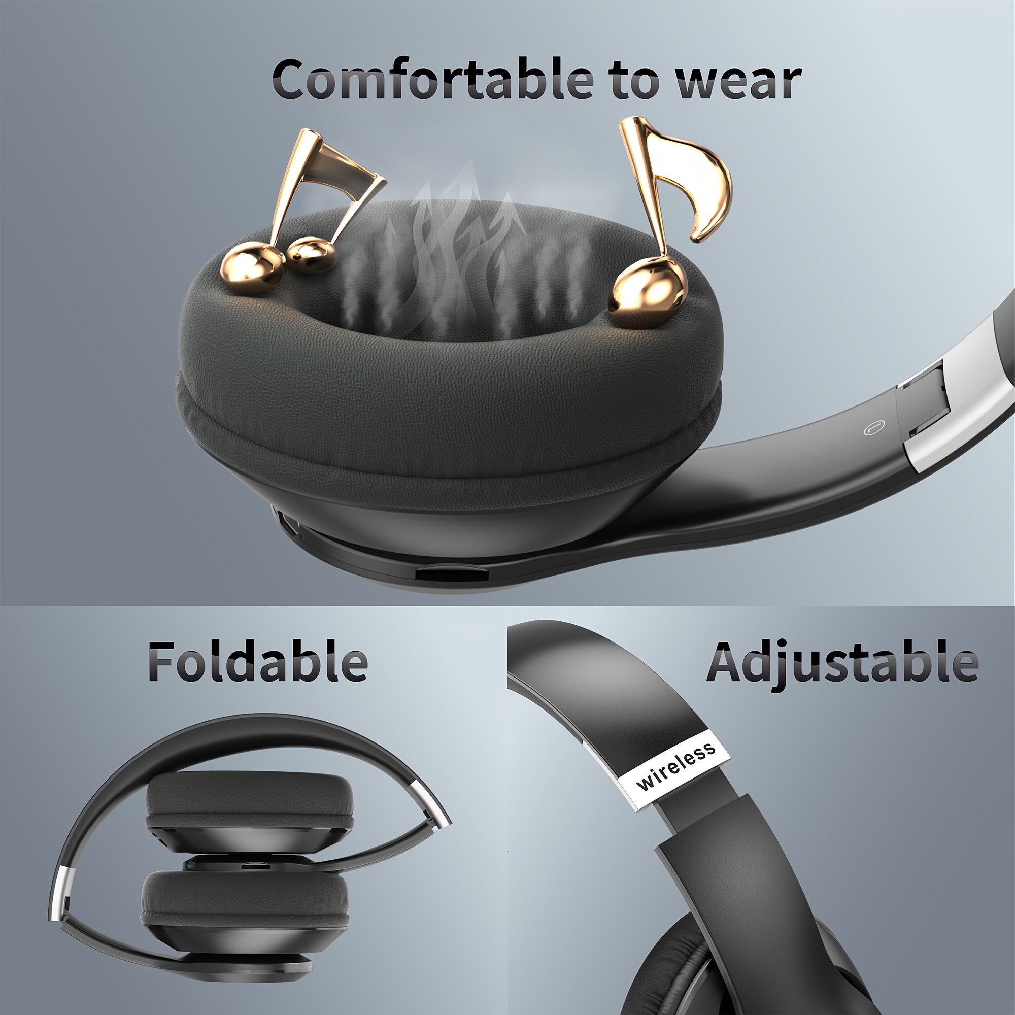 wireless headphones 60 hours foldable design stereo with 6 eq adjustable and lightweight fm sd tf suitable for adults details 2
