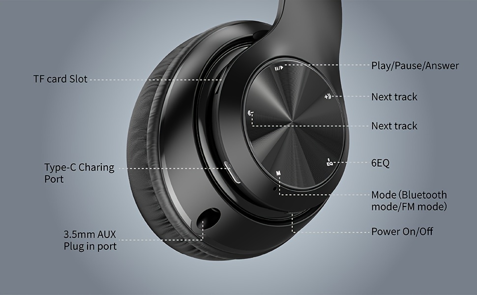 wireless headphones 60 hours foldable design stereo with 6 eq adjustable and lightweight fm sd tf suitable for adults details 3