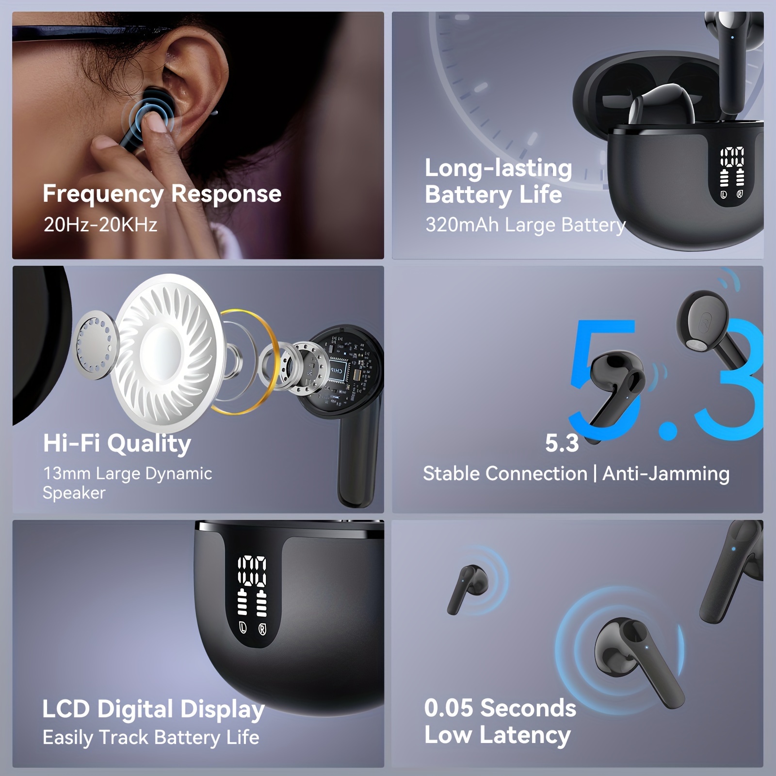 wireless earbuds headphones 40h stereo ear buds display cordless in ear earphones with microphone for ios sports details 1